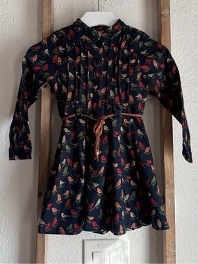 1984 Kids Long Sleeve Navy Bird Print Belted Dress sz: 3Y